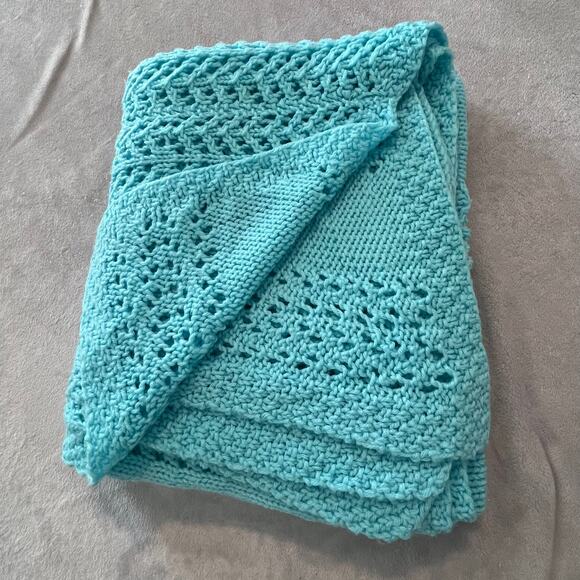 Handmade Knit Blanket Throw Afghan Throw Aqua Open Weave 60 x 54 inches - Picture 2 of 5